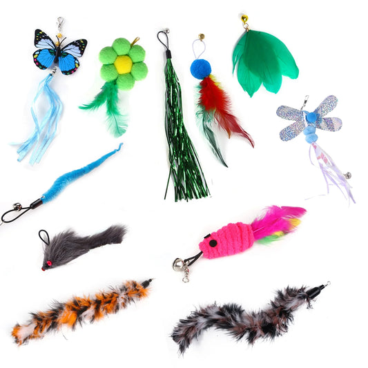 11 PCS Cat Feather Toy, Multiple Styles Feather Refills for Cat Toys, Replacement Feather Toy with Bell Refills, Interactive Catcher Teaser and Funny Exercise for Kitten or Cats
